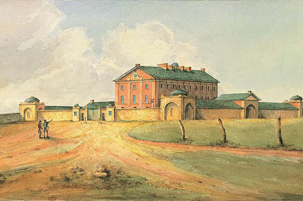 A watercolour painting of Hyde Park Barracks